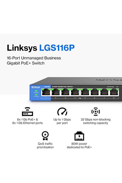 Linksys LGS116P: مفتاح شبكة غير مدارة Gigabit PoE+ لسطح المكتب للأعمال مكون من 16 منفذًا، Ethernet Plus، سلكي
