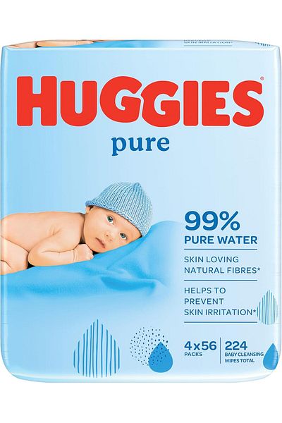 Huggies Pure, Baby Wipes, 4 Packs (224 Wipes Total) - Natural Wet Wipes for Sensitive Skin - 99 Perc