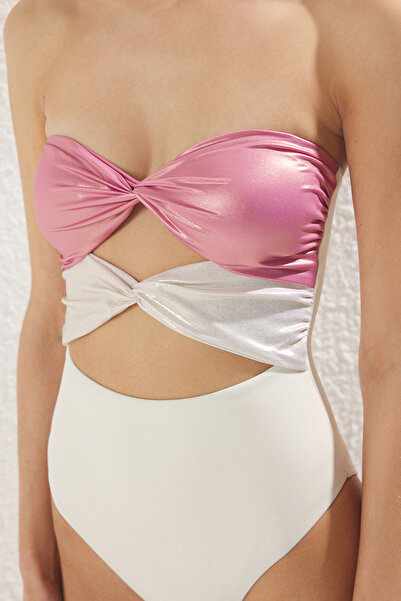 LILYROSE Cut-Out Metallic Fabric Detailed Strapless Swimsuit