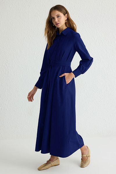 Trendyol Modest Saks πουκάμισο γιακά υφασμάτινο φόρεμα με ζώνη TCTSS25EB00006