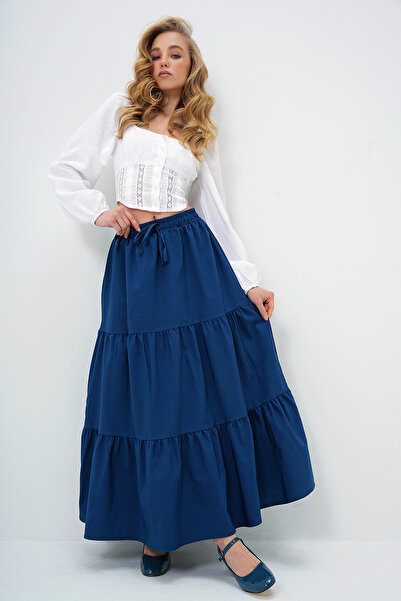 Trend Alaçatı Stili Sötétkék bélelt női szoknya réteges elasztikus derékkal, poplin Flounce ALC-X13700
