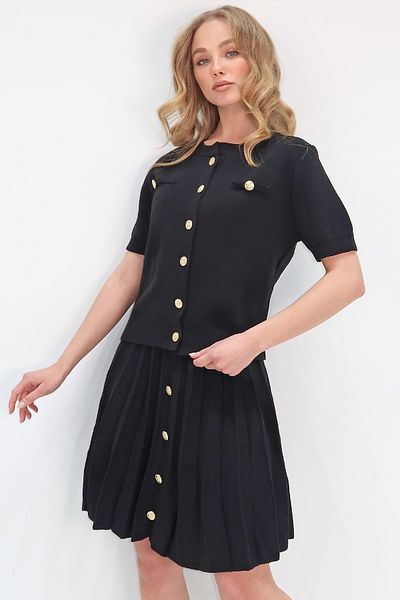 Trend Alaçatı Stili Women's Black Crew Neck Button Detailed Knitwear Blouse and Skirt Set Alc-X13679