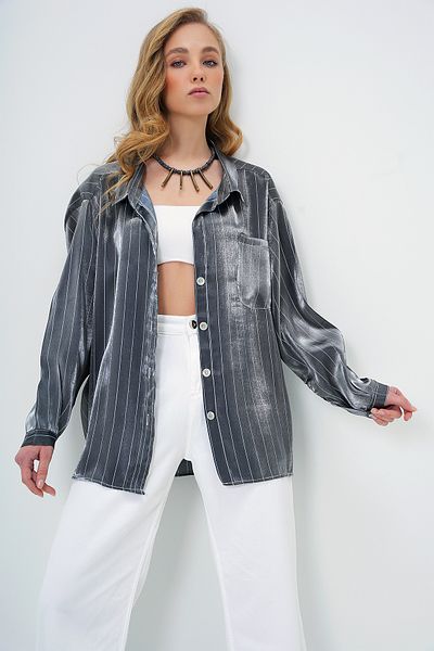 Trend Alaçatı Stili Koszula damska z satyny antracytowej z jedną kieszenią oversize ALC-X13687