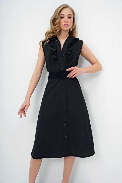 Trend Alaçatı Stili Kadın Siyah Önü Fırfırlı Kemerli Poplin Dokuma Elbise ALC-X11609