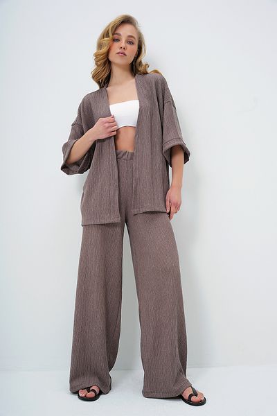 Trend Alaçatı Stili Women's Mink Double Sleeve Wrapped Fabric Summer Kimono and Pants Suit Alc-X13466