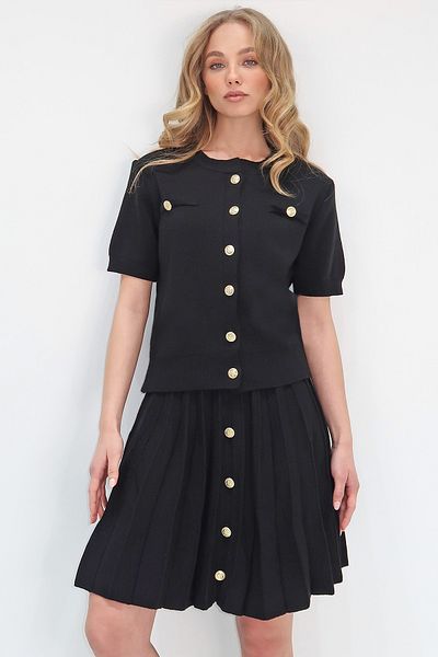 Trend Alaçatı Stili Women's Black Crew Neck Button Detailed Knitwear Blouse and Skirt Set Alc-X13679