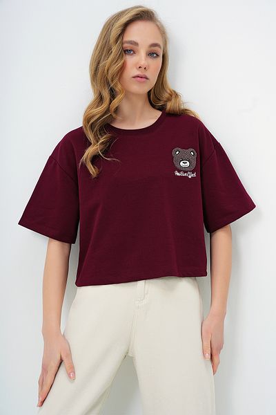 Trend Alaçatı Stili Tricou de damă, burgundă, cu decolteu, cu motiv ursuleț de pluș, crop oversize ALC-X13675