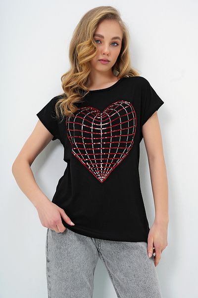 Trend Alaçatı Stili Women's Black Crew Neck Heart Embroidered Zero Sleeve T-Shirt Alc-X13681
