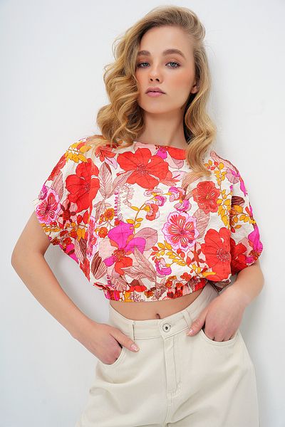 Trend Alaçatı Stili Women Coral Boat Neck, Floral Print Woven Blouse Alc-X13795