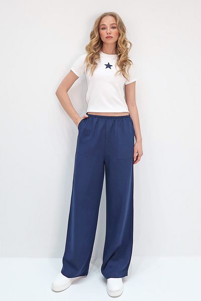 Trend Alaçatı Stili Women's Navy Blue Double Pocket Elastic Waist Linen Wide Leg Pants Alc-X13768