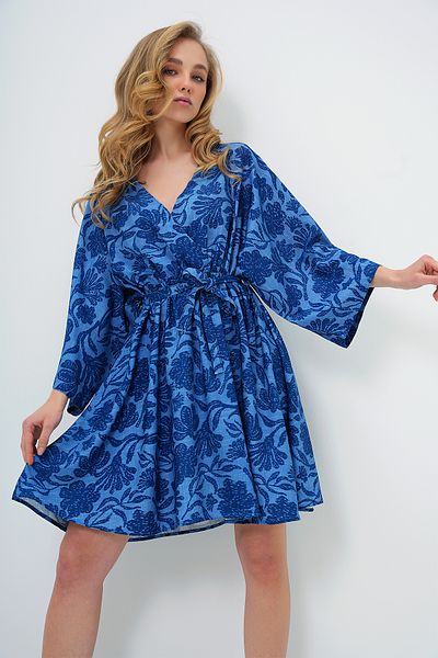 Trend Alaçatı Stili Women's Navy Blue Double Breasted Collar Gathered Waist Linen Dress Alc-X13746