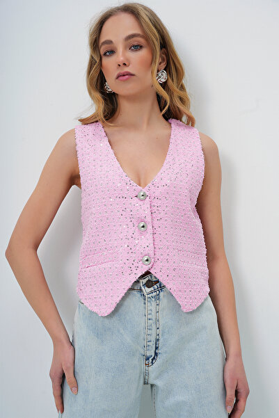 Trend Alaçatı Stili Γυναικείο ροζ V λαιμόκοψη φανελάκι τζιν με επένδυση τσέπης ALC-X13727