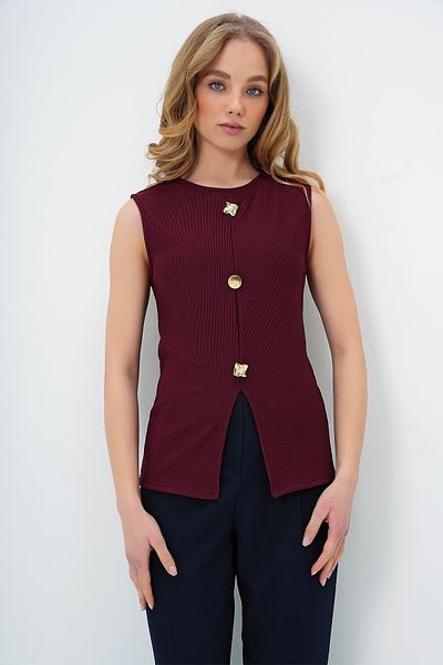 Trend Alaçatı Stili Burgunderrote Ottoban-Bluse mit Rundhalsausschnitt und goldenen Knöpfen für Damen ALC-X13729