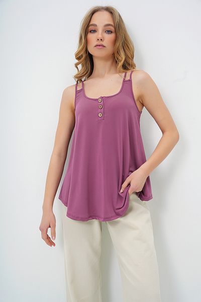 Trend Alaçatı Stili Γυναικεία Dusty Rose με λαιμόκοψη σε σταυρωτό λουράκι με λεπτομέρεια μπλούζα με κουμπιά με άμμο ALC-X13515