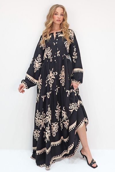 Trend Alaçatı Stili Schwarz-beiges Maxikleid mit Richterkragen und Schalmuster für Damen ALC-X11593