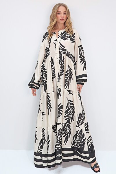Trend Alaçatı Stili Women's Cream-Black Judge Collar Shawl Patterned Maxi Length Dress Alc-X11593