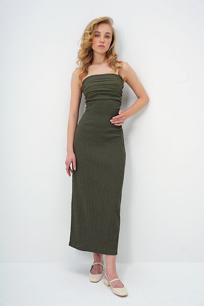 Trend Alaçatı Stili Trägerloses Damenkleid aus Khaki-Wickelstoff ALC-X13413 Sommer