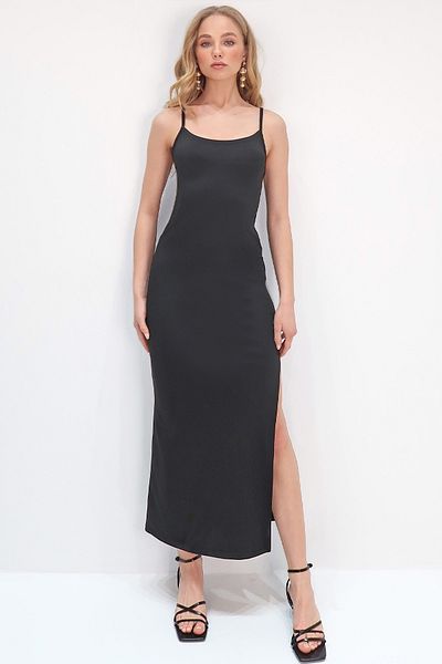 Trend Alaçatı Stili Women's Black Strappy Backless Slit Knitted Crepe Dress Alc-X13755