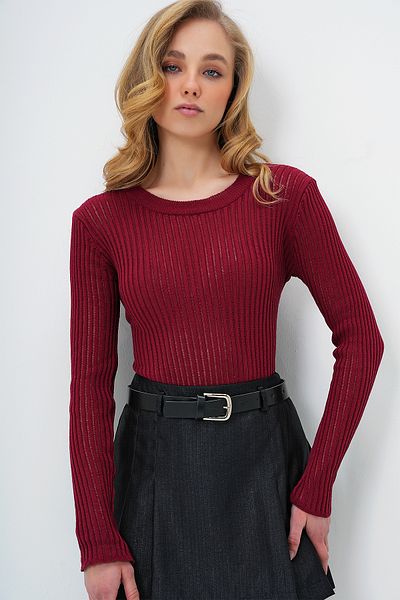 Trend Alaçatı Stili Women's Burgundy Crew Neck Openwork Knitwear Blouse Alc-X13738