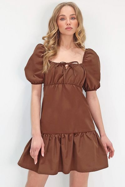 Trend Alaçatı Stili Women's Bitter Brown Square Neck Balloon Sleeve Poplin Mini Dress Alc-X13594