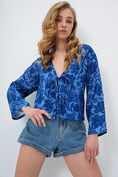 Trend Alaçatı Stili Marineblaue Damenjacke mit V-Ausschnitt und Schnürung vorne aus Leinen ALC-X13745