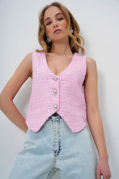 Trend Alaçatı Stili Women's Pink V-Neck Flannel Pocket Lined Jean Vest Alc-X13727