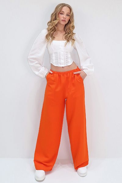Trend Alaçatı Stili Women's Orange Double Pocket Elastic Waist Linen Wide Leg Pants Alc-X13768