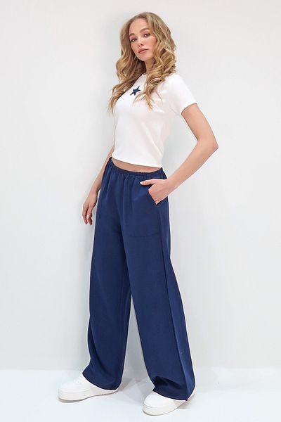 Trend Alaçatı Stili Women's Navy Blue Double Pocket Elastic Waist Linen Wide Leg Pants Alc-X13768