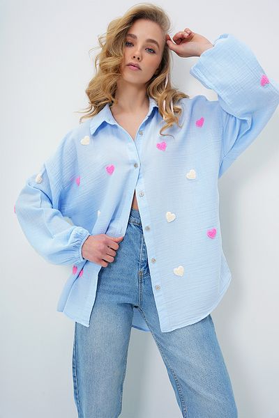Trend Alaçatı Stili Babyblaues Oversize-Hemd aus Musselin und Leinen für Damen ALC-X13791