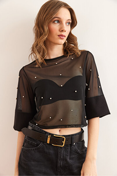 Olalook Γυναικεία μαύρη διάφανη μπλούζα με χάντρες BLZ- 19002861