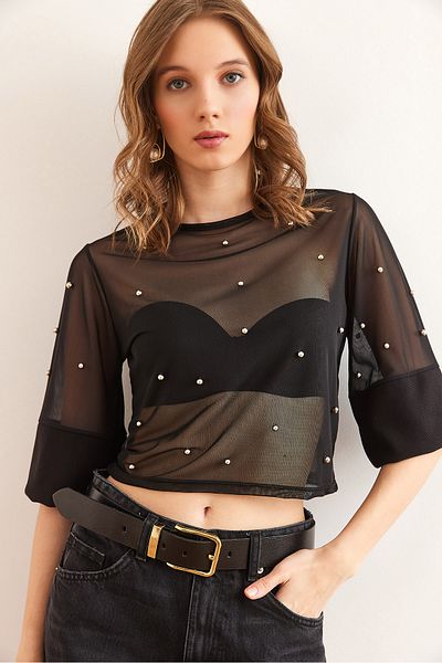 Olalook Schwarze, mit Perlen verzierte, transparente Damenbluse BLZ- 19002861