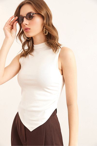 Olalook Women's Ecru Asymmetrical Blouse with Side Draping Detail Blz- 19002856