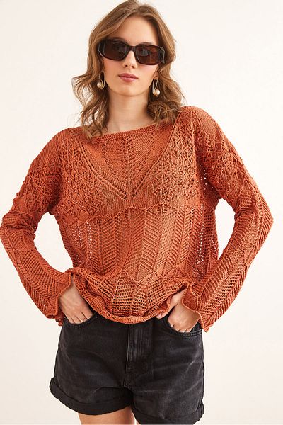 Olalook Women's Tile V Detailed Spanish Sleeve Openwork Blouse Blz- 19002241