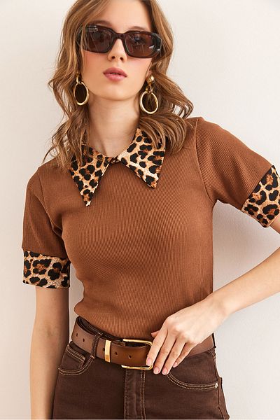 Olalook Women's Leopard Shirt Collar Stretchy Cotton Blouse Blz- 19002869