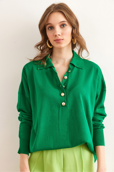 Olalook Women's Green Gold Buttoned Polo Neck Slim Knitwear Sweater Kzk- 19000964