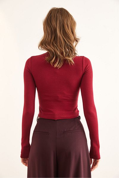 Olalook Bluză elastică cu plăcuță cu gât roșu Claret pentru femei BLZ- 19002870