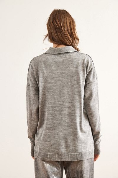 Olalook Women's Gray Gold Buttoned Polo Neck Thin Knitwear Sweater Kzk- 19000964