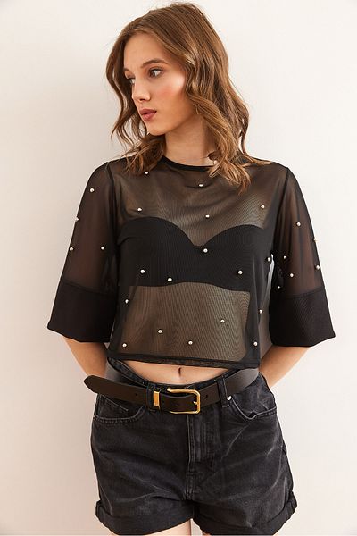Olalook Schwarze, mit Perlen verzierte, transparente Damenbluse BLZ- 19002861