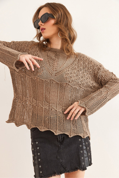 Olalook Women's Mink V Detailed Spanish Sleeve Openwork Blouse Blz- 19002241