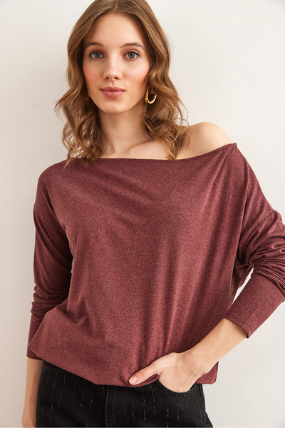 Olalook Γυναικεία μπλούζα με ντραπέ από βισκόζη με λαιμόκοψη σκούρο τριαντάφυλλο BLZ- 19002738