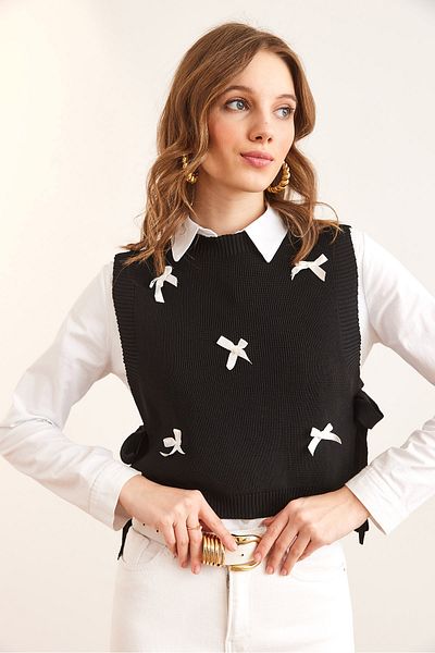 Olalook Women's Black Bow Detailed Side Tie Knitwear Sweater Svt- 00000046