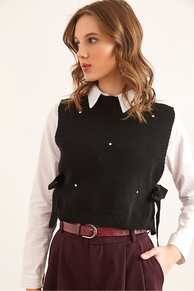 Olalook Women's Black Stone Detailed Side Tie Knitwear Sweater Svt- 00000047
