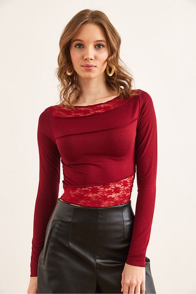 Olalook Bluză de damă din dantelă burgundă Đ. Deep Crowd Modal Tuşeli