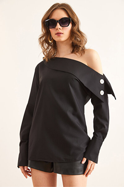 Olalook Women's Black Boat Neck Button Detailed Woven Blouse Blz- 19002858