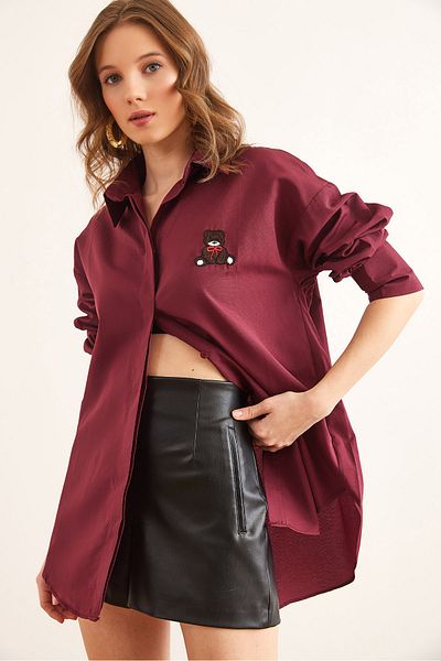 Olalook Cămașă oversize pentru femei, burgundă, cu broderie cu plăcuță ascunsă GML- 19001295