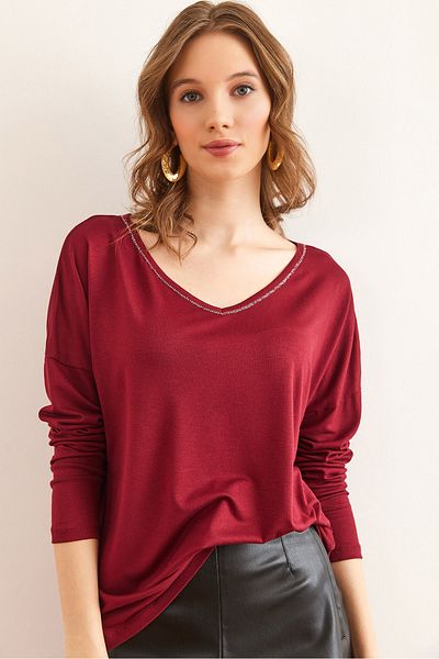 Olalook Bluză de damă din viscoză cu decolteu în V cu cusături argintii bordeaux BLZ- 19002747
