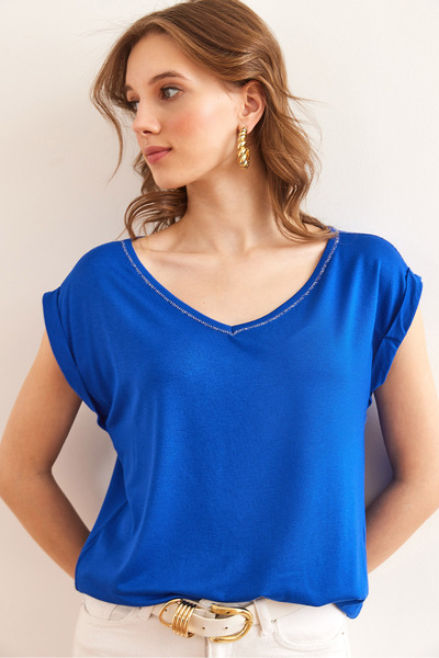 Olalook Women's Blue Silver Shoes V-Neck Knitted Viscose Blouse Blz- 19002659