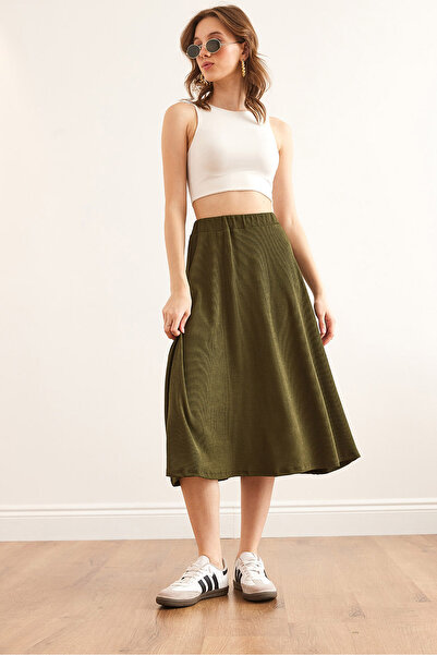 Olalook Kadın Haki Beli Lastikli Dökümlü Burgu Etek ETK-19000258