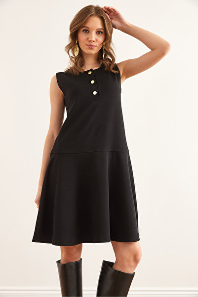 Olalook Women's Black Buttoned Skirt Detailed Crepe Dress Elb- 19002345