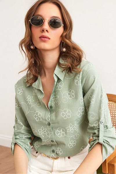 Olalook Women's Ivy Green Sleeve Fold Linen Shirt Gml- 19000825